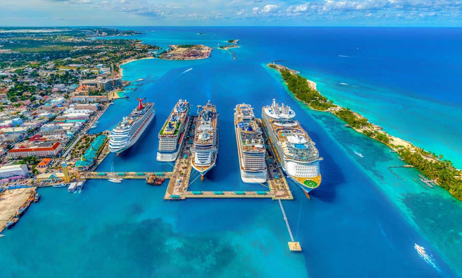 A cruise ship sailing across calm water